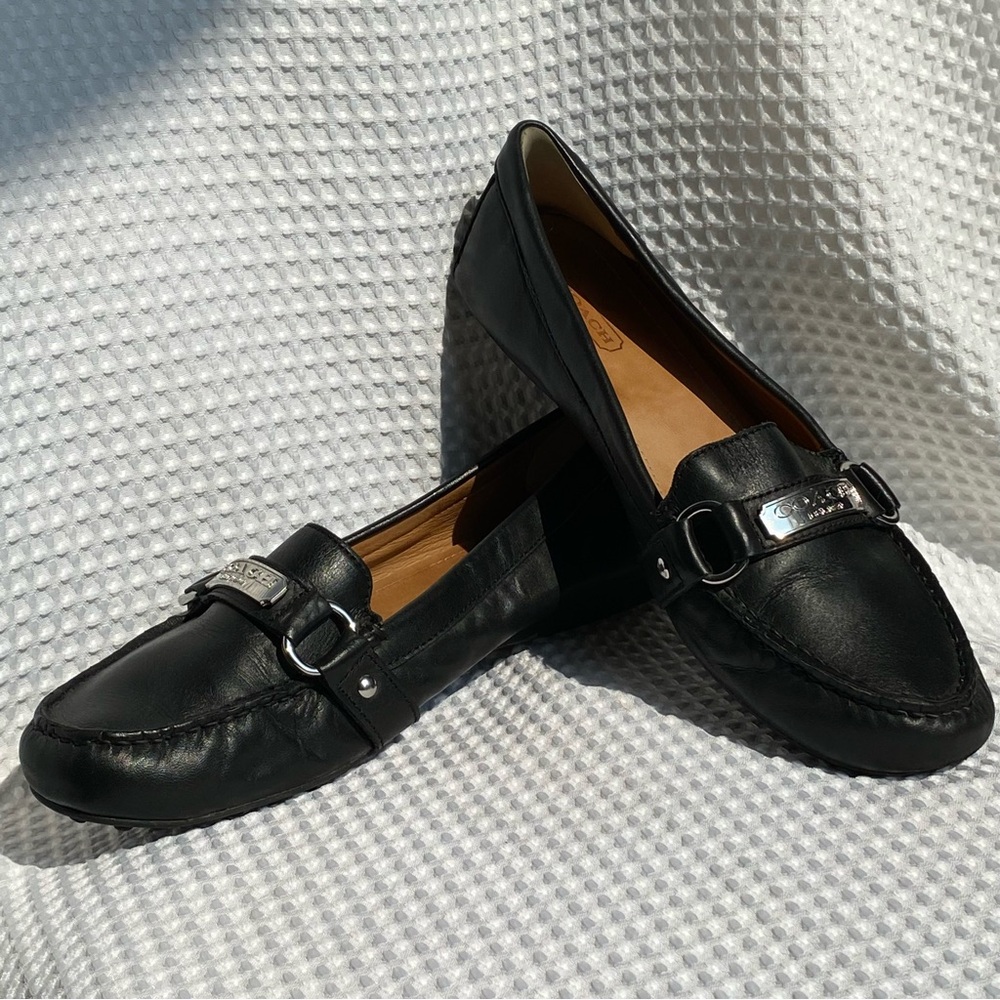 Coach Black leather Loafers with Silver Buckle Detail Felisha